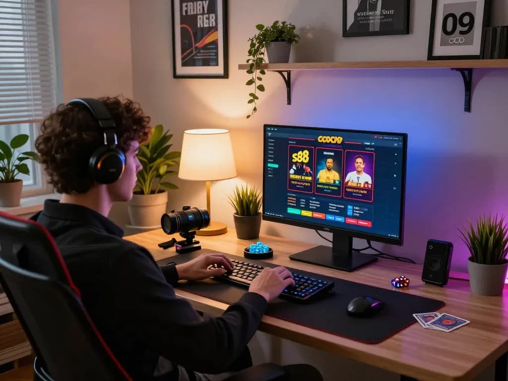 Engaged player exploring sc88 com online gambling experience at modern home setup.