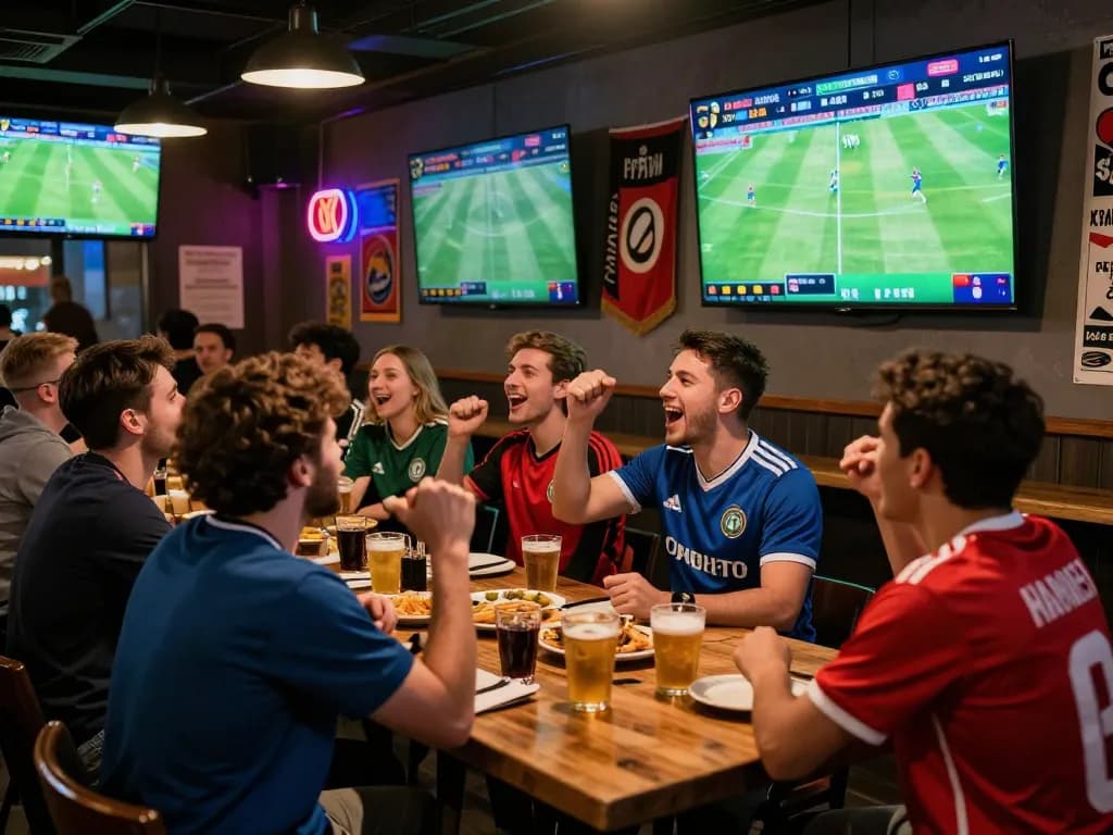 Exciting football betting scene with friends engaging in bóng đá kèo nhà cái at a sports bar.