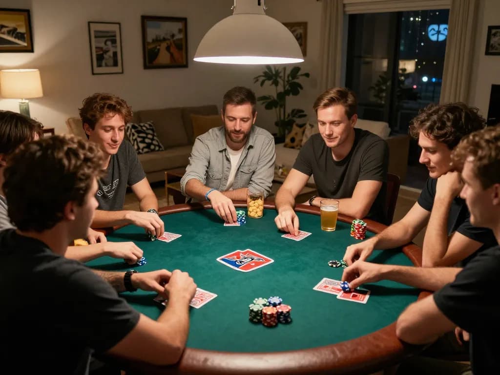 Friends enjoying a lively poker night at home, capturing keo-nha-cai-vn excitement in every hand dealt.