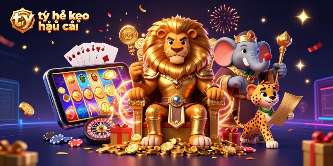 Engage in thrilling action with tỷ lệ kèo nhà cái in an energetic casino scene featuring a lion king, elephant advisor, and cheetah messenger.