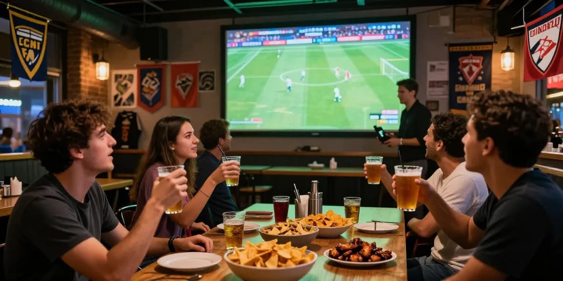 CakhiaTV trực tiếp bóng đá experience in a lively sports bar with fans cheering and vibrant ambiance.