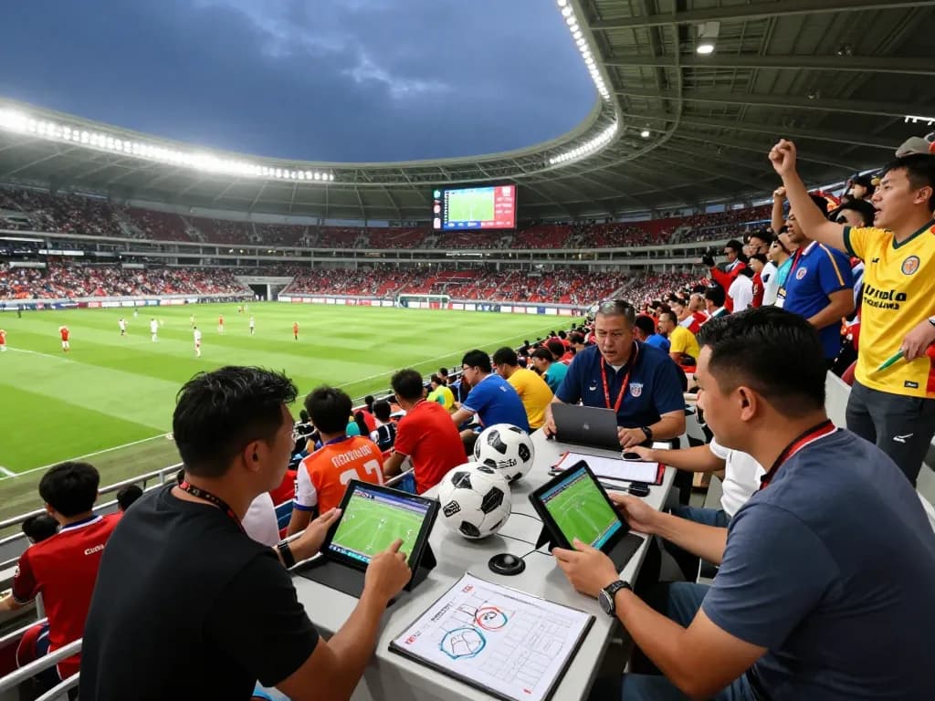 Football analysts reviewing tỷ lệ kèo bóng đá statistics in a vibrant stadium.