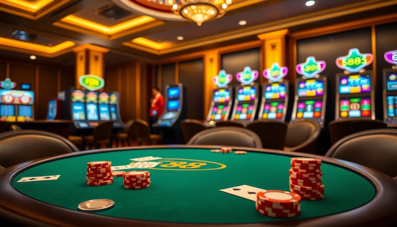 Experience top thrills at Fun 88 with a vibrant casino scene featuring a poker table and roulette.