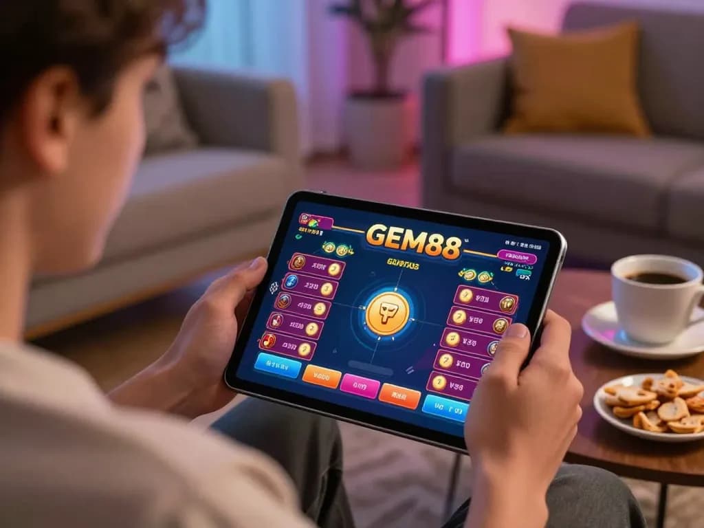 Engaging with GEM88 on a tablet in a cozy living room, showcasing strategic online gambling.