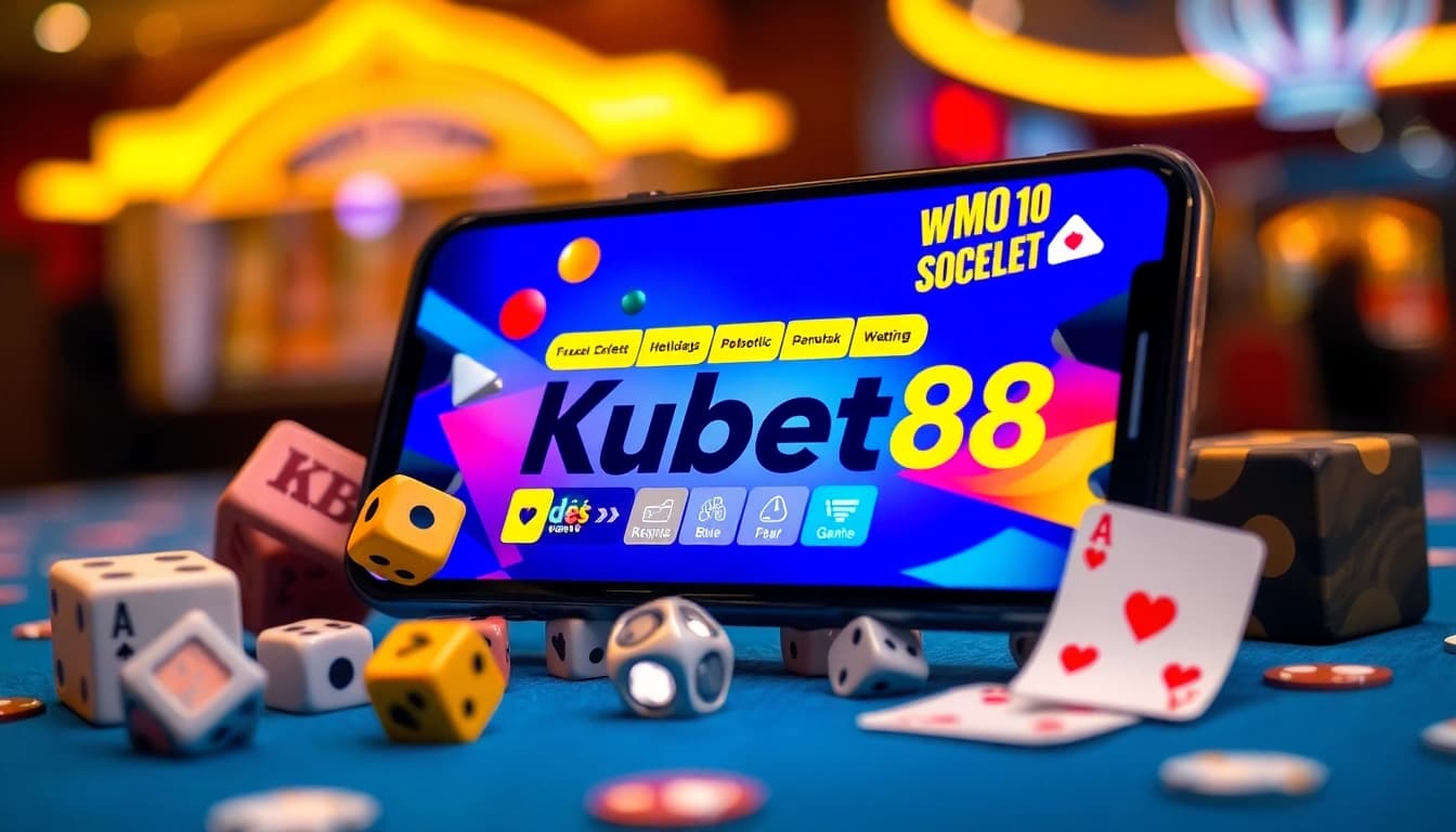Tải game Kubet88 app on mobile screen with gaming elements and vibrant design