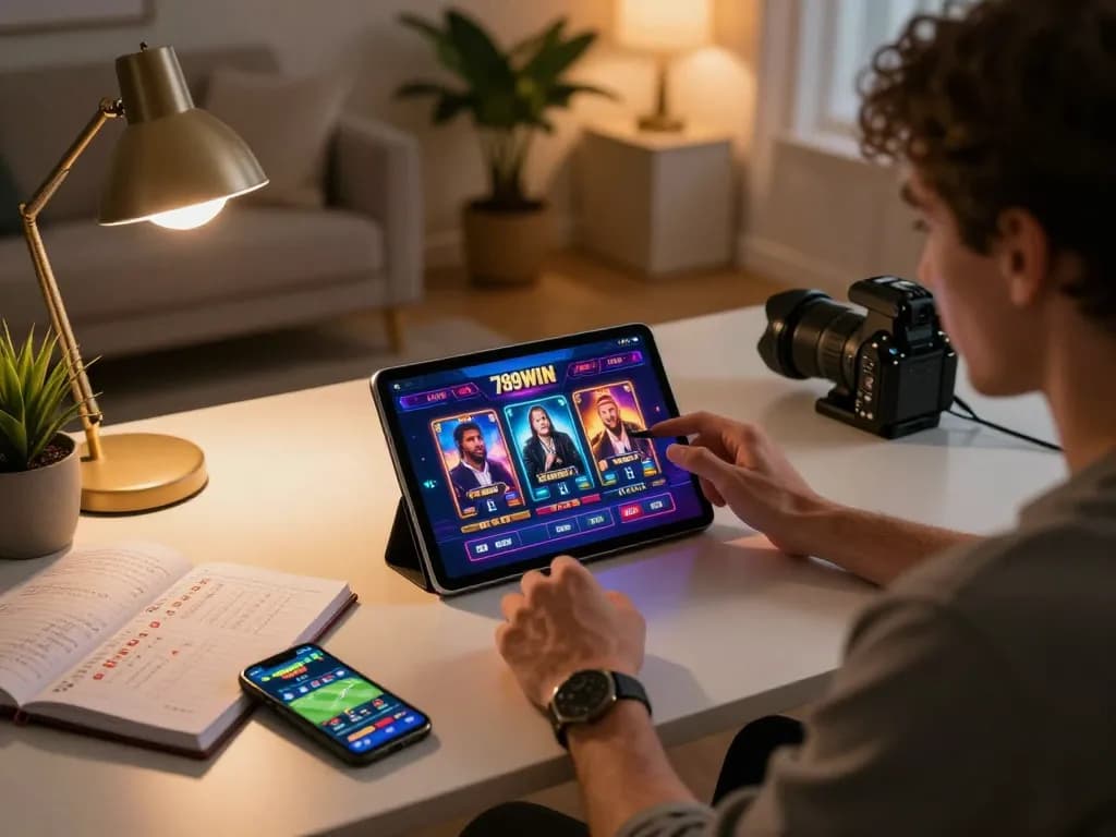 Enjoying online casino gaming on 789WIN app in a cozy home setup with strategic betting notes.