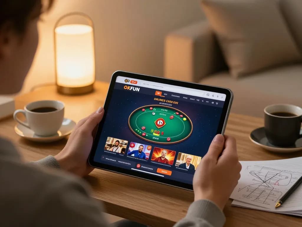 OKFUN user strategically engaging in online poker from the comfort of home, showcasing modern gaming setup