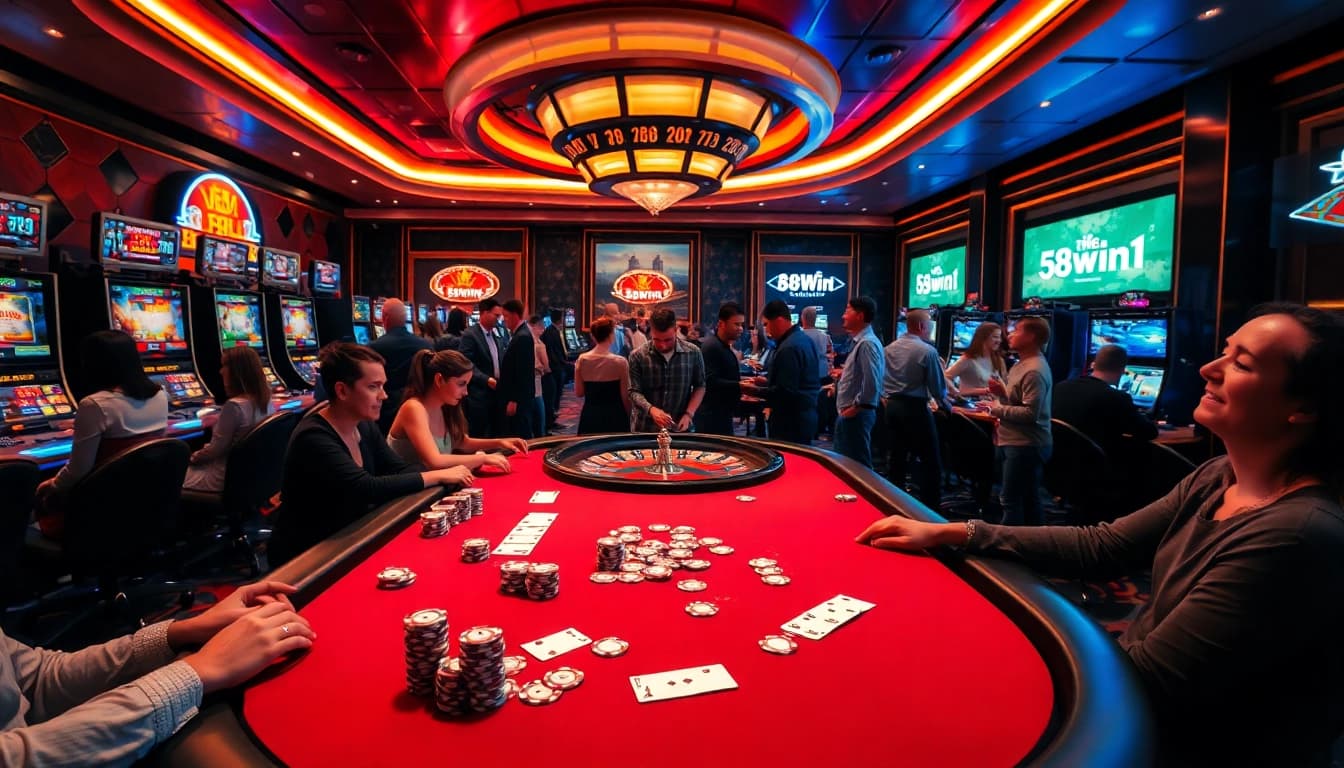 Immerse in the excitement of 58win1 with vibrant poker chips and an animated roulette wheel.
