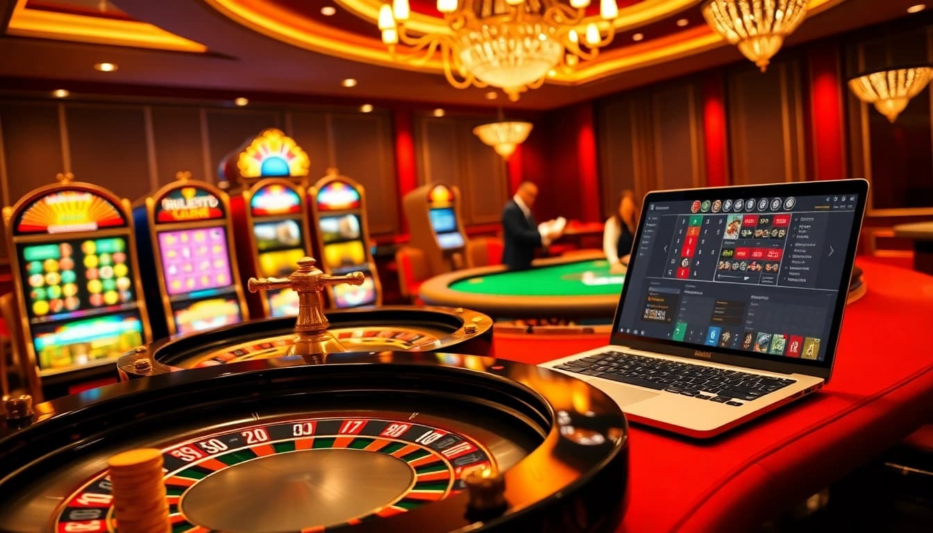 Experience excitement at rr88.com with luxurious casino elements like roulette, cards, and vibrant slot machines.