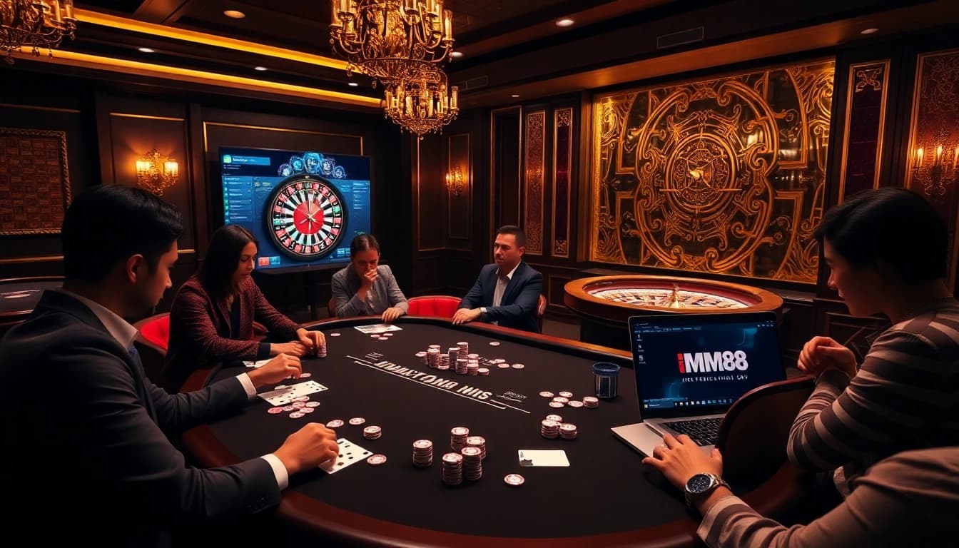 Players engaged in a tense poker game at MM88, embodying excitement and strategy.