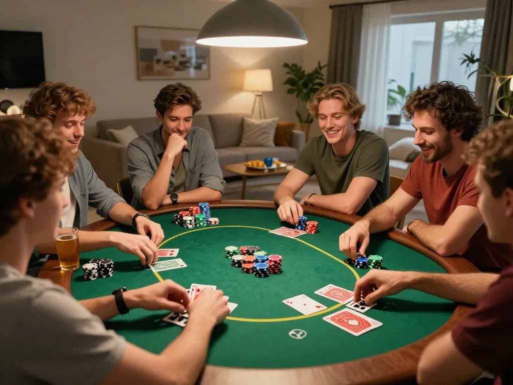Friends enjoying a poker night with exciting gameplay at home, featuring fb88 com cards and chips on the table.