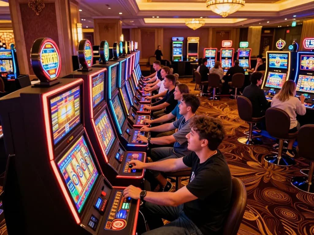 Experience the excitement at AU88 cơ hội giàu sang with players engaging in thrilling slot machine gameplay.