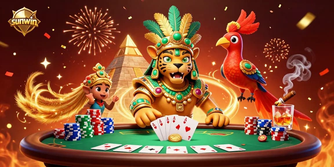 Engage in thrilling poker strategies with sunwin amidst a vibrant 3D casino scene featuring dynamic game elements.