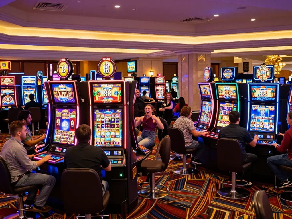 KONG 88 players celebrating wins on a vibrant casino floor, capturing the excitement of gambling.