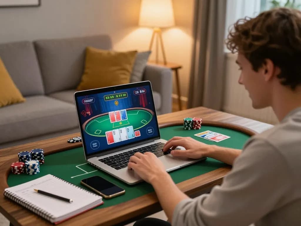 Excited player engaging in online poker on trang chủ uu88 from a cozy home setup with strategic notes.