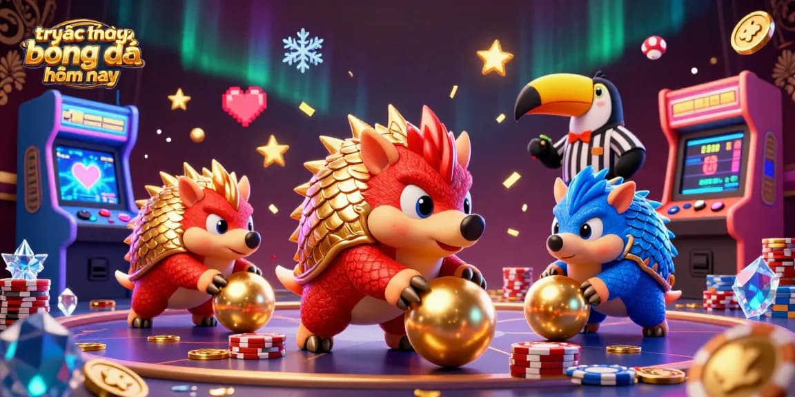 Experience 'trực tiếp bóng đá hôm nay' in a vibrant casino-themed 3D scene where rival pangolins battle with golden balls.