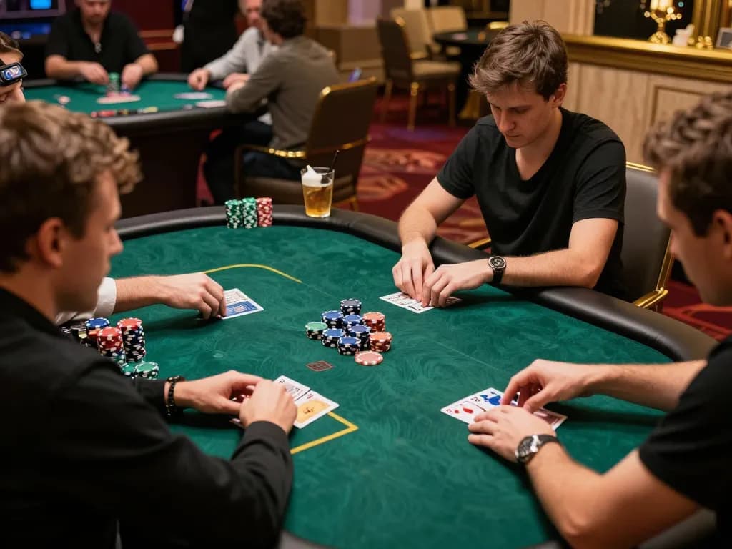 Players engage in an intense poker game at a casino, showcasing 7mcn gaming strategies in action.