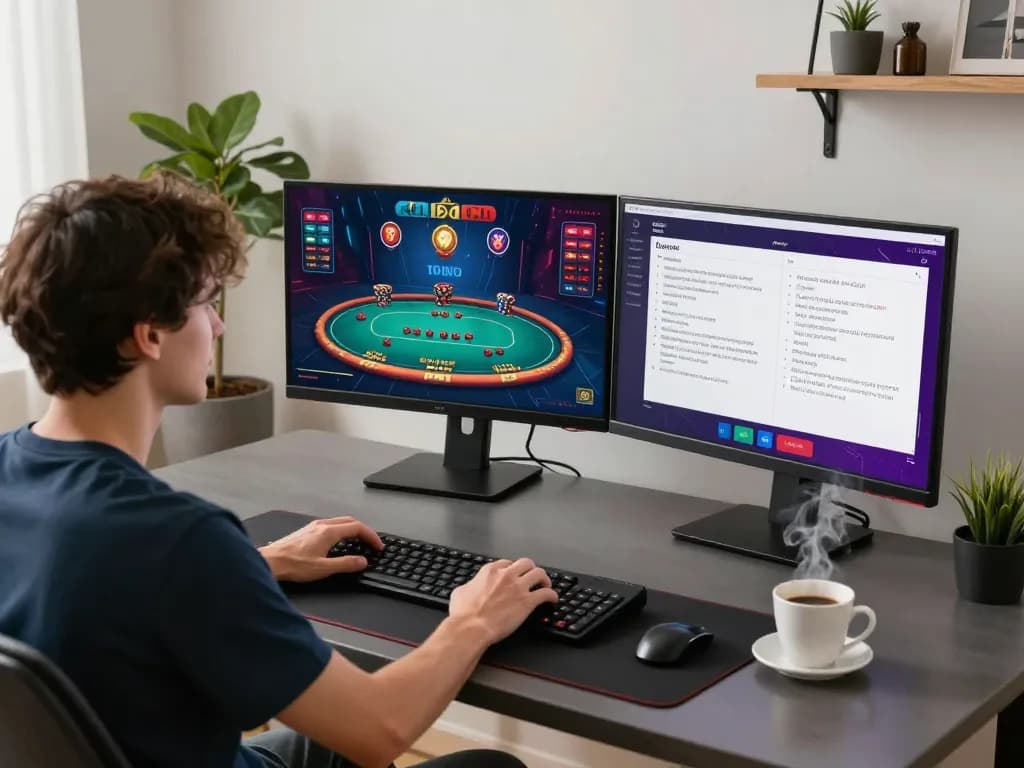Player engaging in an immersive sunwin online poker game, showcasing a strategic gambling setup at home.
