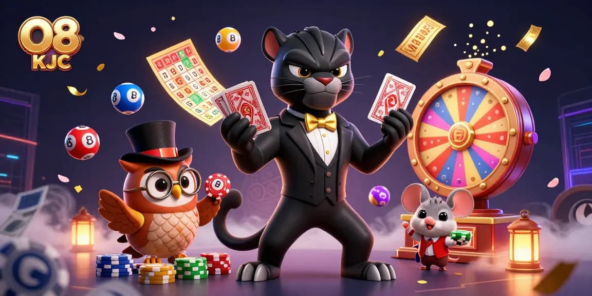 Spin the wheel of fortune with O8 KJC, featuring vibrant characters and lively lottery elements.