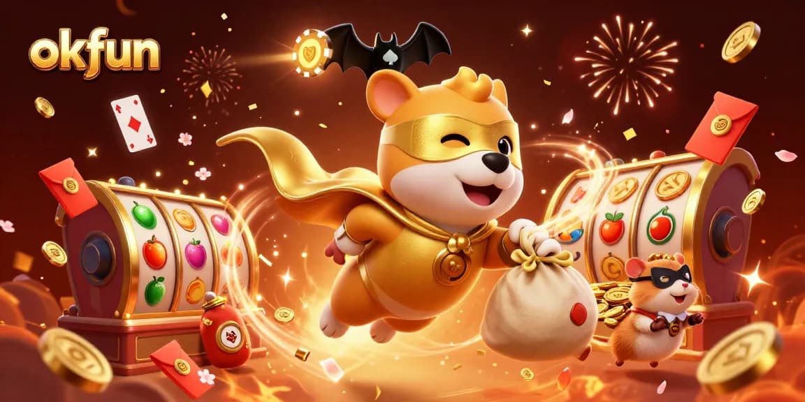 okfun showcases a vibrant online casino adventure with a superhero dog and hamster, capturing players' attention.