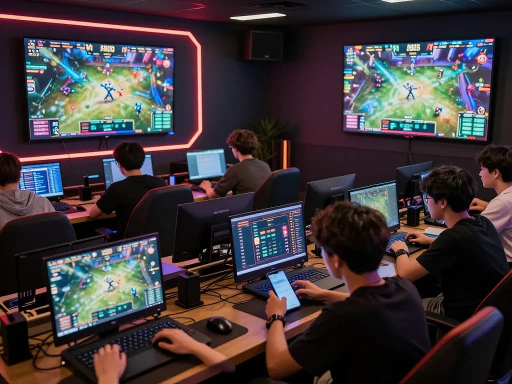 Bsport users engaging with live esports betting, analyzing stats on devices in a vibrant lounge.