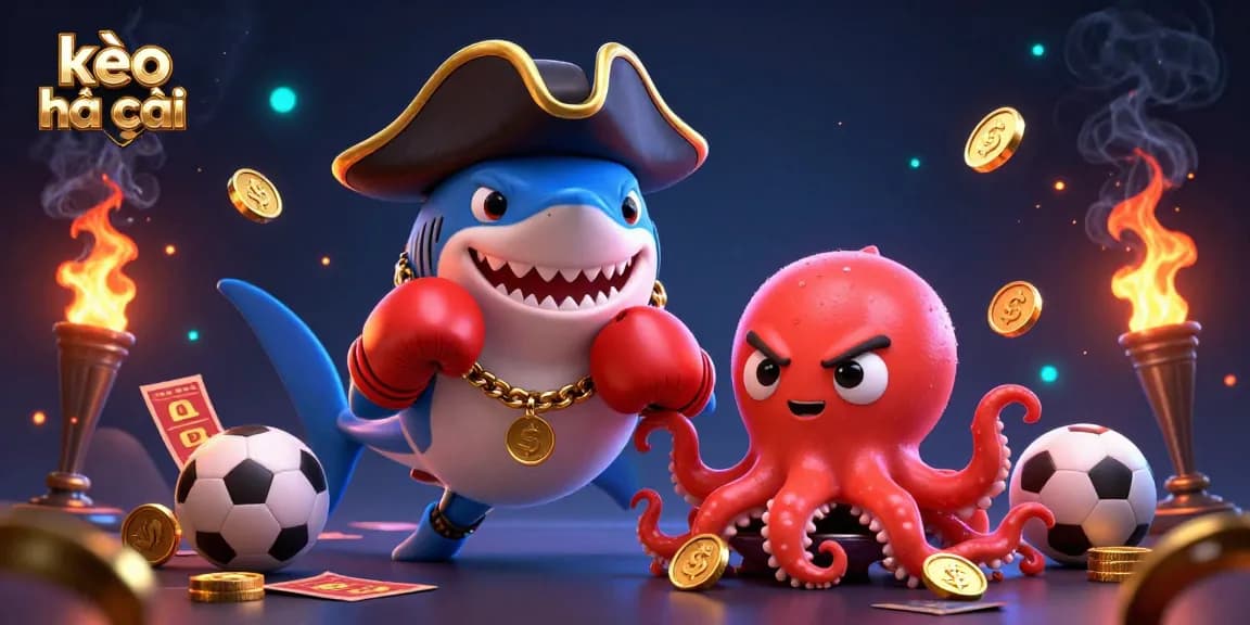 Engaging kèo nhà cái scene showcasing a pirate shark, pufferfish, and octopus immersed in sports betting excitement.