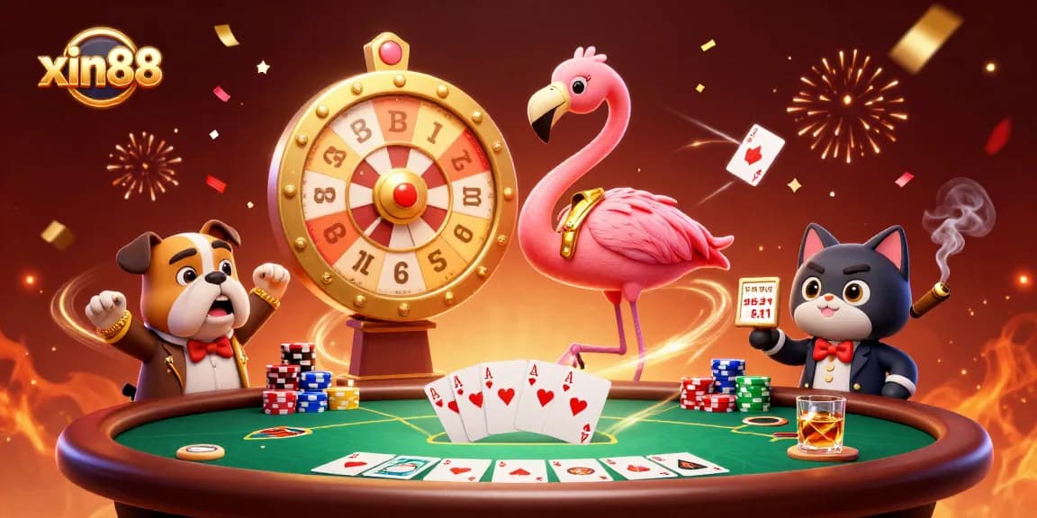 Party at xin88 as a flamingo spins a prize wheel with a bulldog and cat celebrating wins at a vibrant casino.