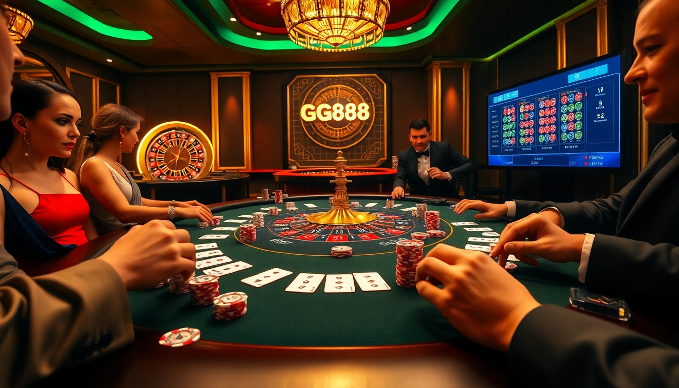 Exciting GG88 game at a luxurious casino table with winning hands and vibrant atmosphere.