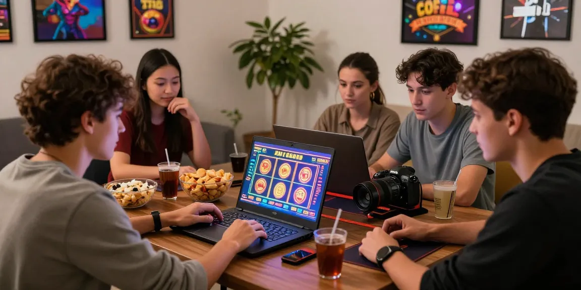 A lively group enjoying gaming at https://jumpspace.org.uk, surrounded by slot game graphics, snacks, and drinks in a cozy living room environment.