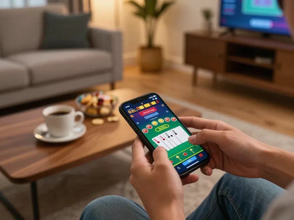 mu88com users engaging in online blackjack gameplay, enjoying a cozy home environment with snacks.