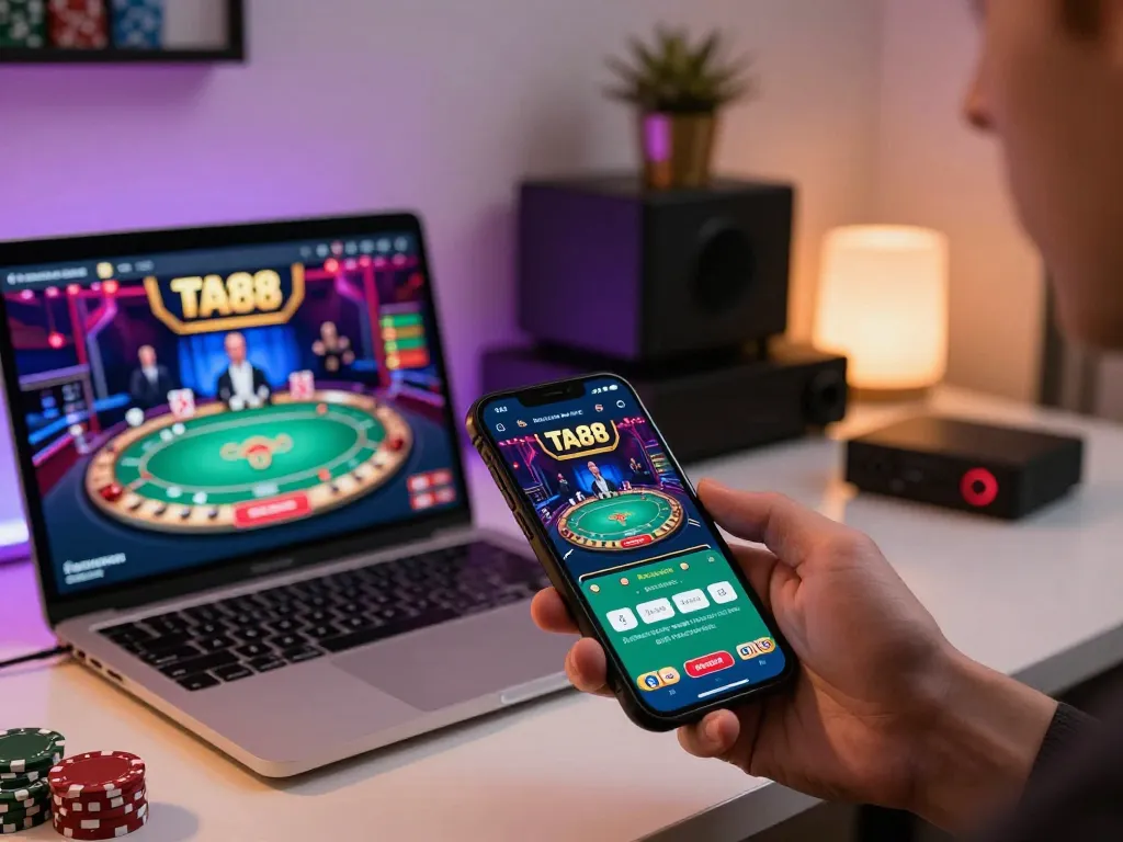 Engaging in online gaming using the TA88 app on a smartphone in a cozy home office.