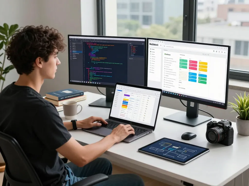 MoltBot AI showcases task management in an innovative developer workspace with multiple screens and coding environments.