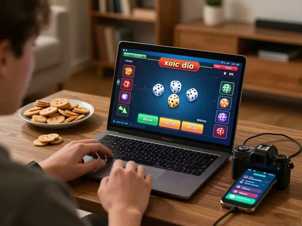 Xóc đĩa online gameplay on a laptop, showcasing an engaging interface and inviting home setting