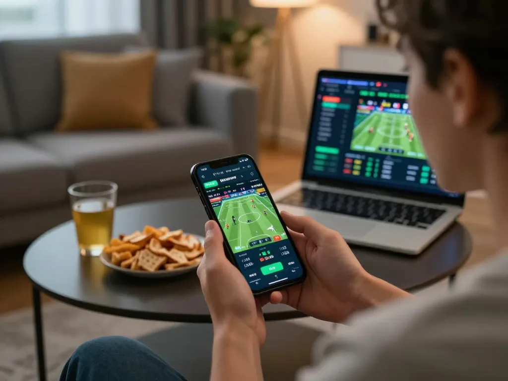 Engaging in nk88 bet on a smartphone, showcasing dynamic sports betting action in a cozy home setting.