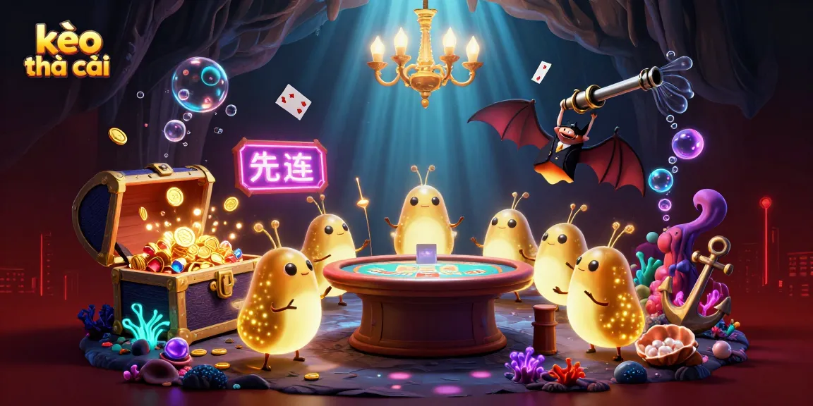 Bet on kèo nhà cái with a vibrant, bioluminescent-themed casino scene featuring glowworms and a bat dealer.