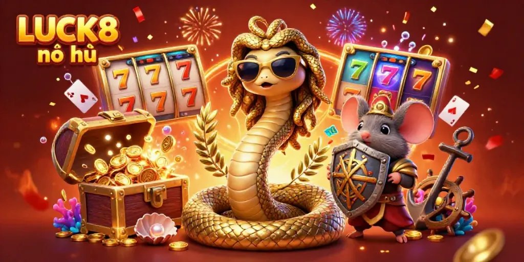 Experience the thrill of LUCK8 nổ hũ with dynamic slot game elements and a mythical scene featuring Medusa.