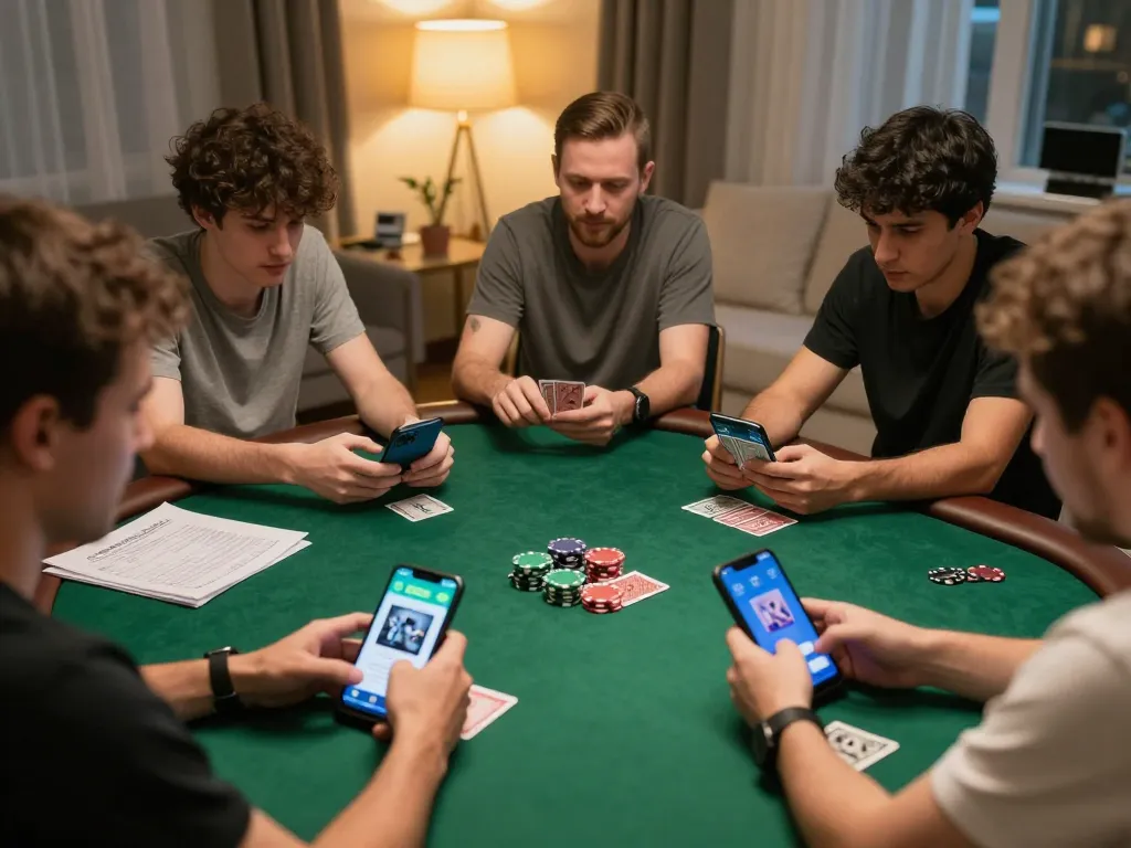 E2bet players enjoying an intense online poker game on their smartphones in a cozy home.