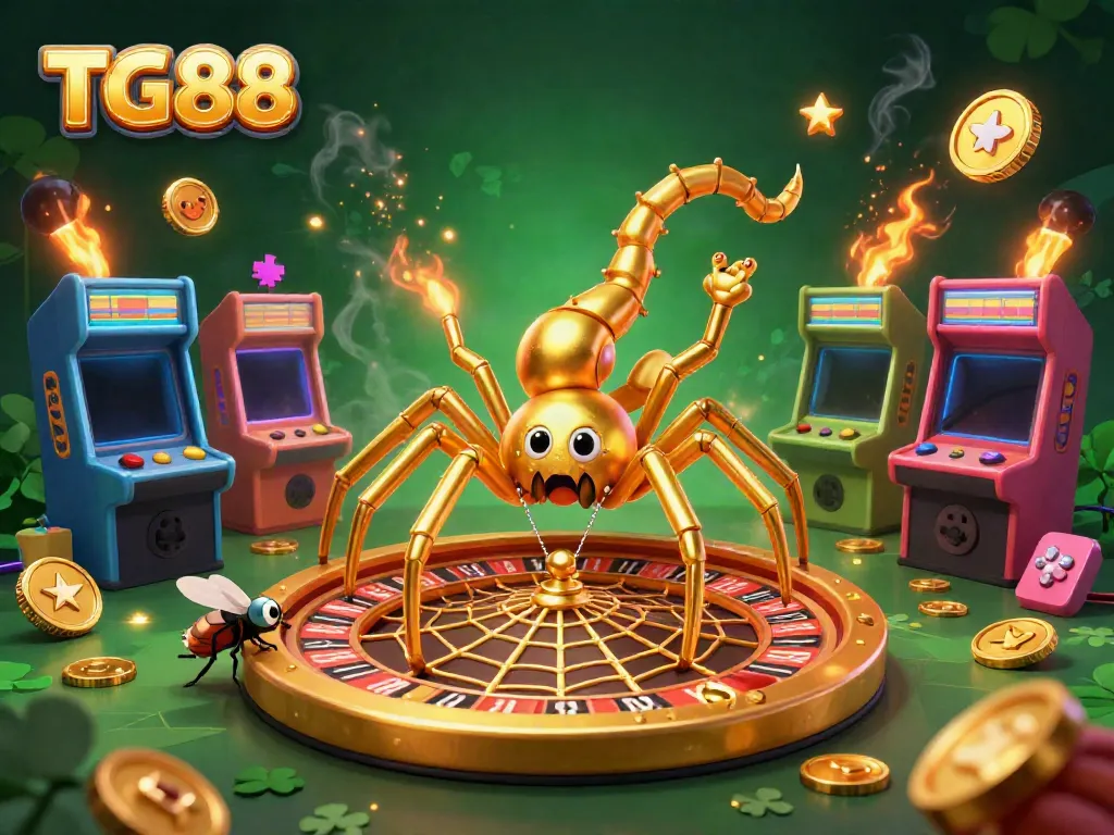 Experience thrilling betting action with TG88 in a vibrant, colorful casino scene featuring a spider and croupier.