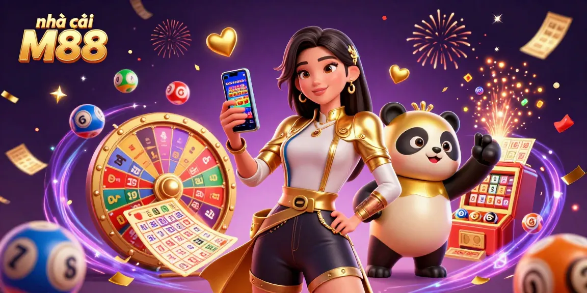 Play at nhà cái M88 with a vibrant scene of games, celebrations, and engaging characters.