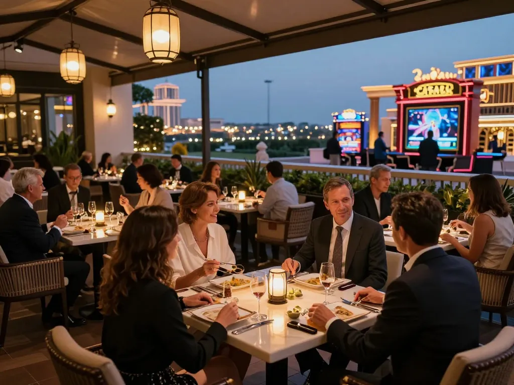 N88 guests enjoying fine dining with casino views, capturing luxury gambling experience in ambient lighting.