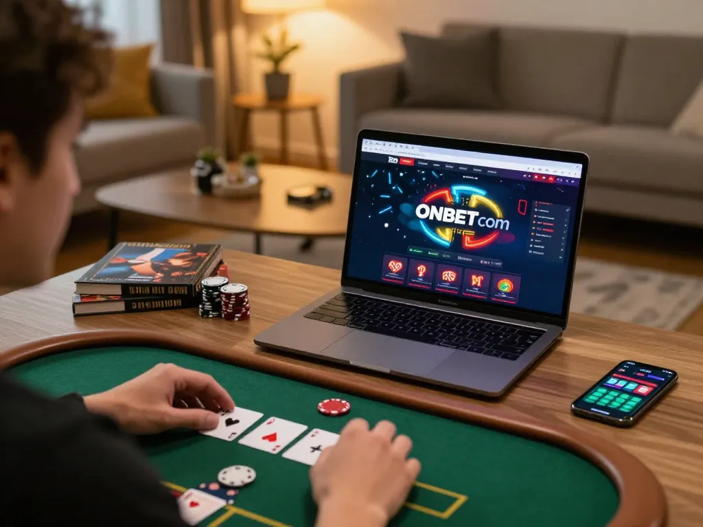 Engaging scene of user accessing ONBET com online gaming on a laptop, showcasing a cozy atmosphere with strategic gaming elements.