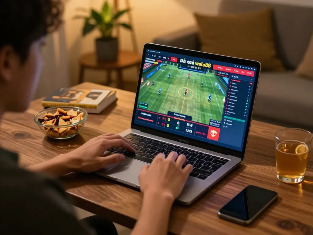 Engaging in live betting on Đá gà wala88 with a vibrant interface on a cozy home setup.