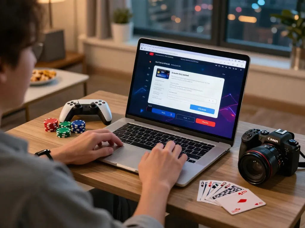 Engaging scene at credit card casinos UK with laptop showing online gaming options and cozy atmosphere.
