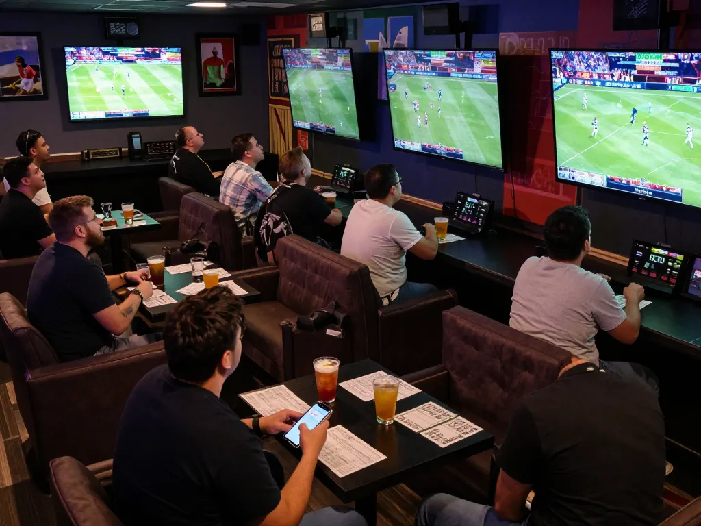 uu88 sports enthusiasts cheering and placing bets in a vibrant lounge atmosphere