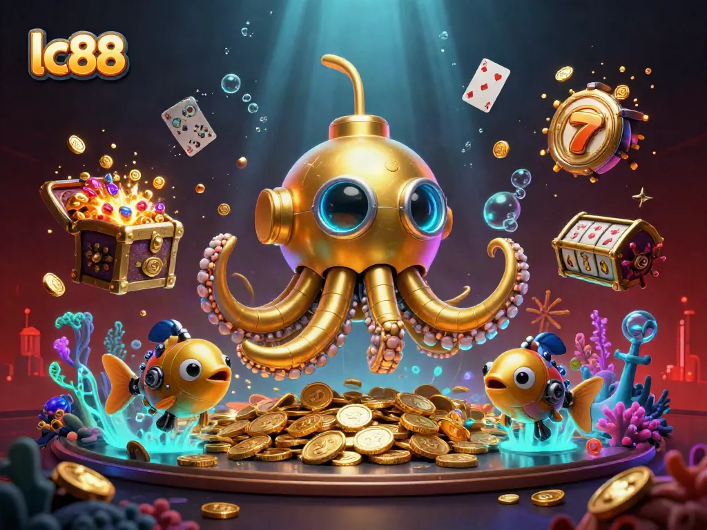 Engage with lc88 in a vibrant underwater casino scene filled with treasures and whimsical characters.