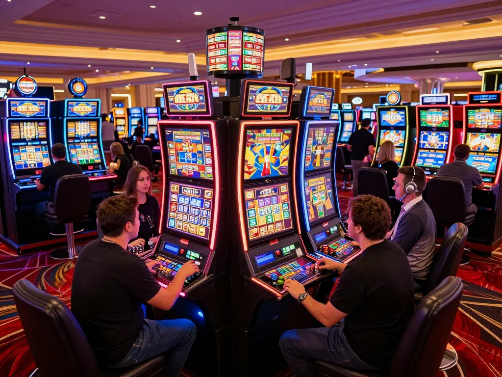 Players engaging with exciting slot machines at QQ88 casino, vibrant and lively atmosphere.