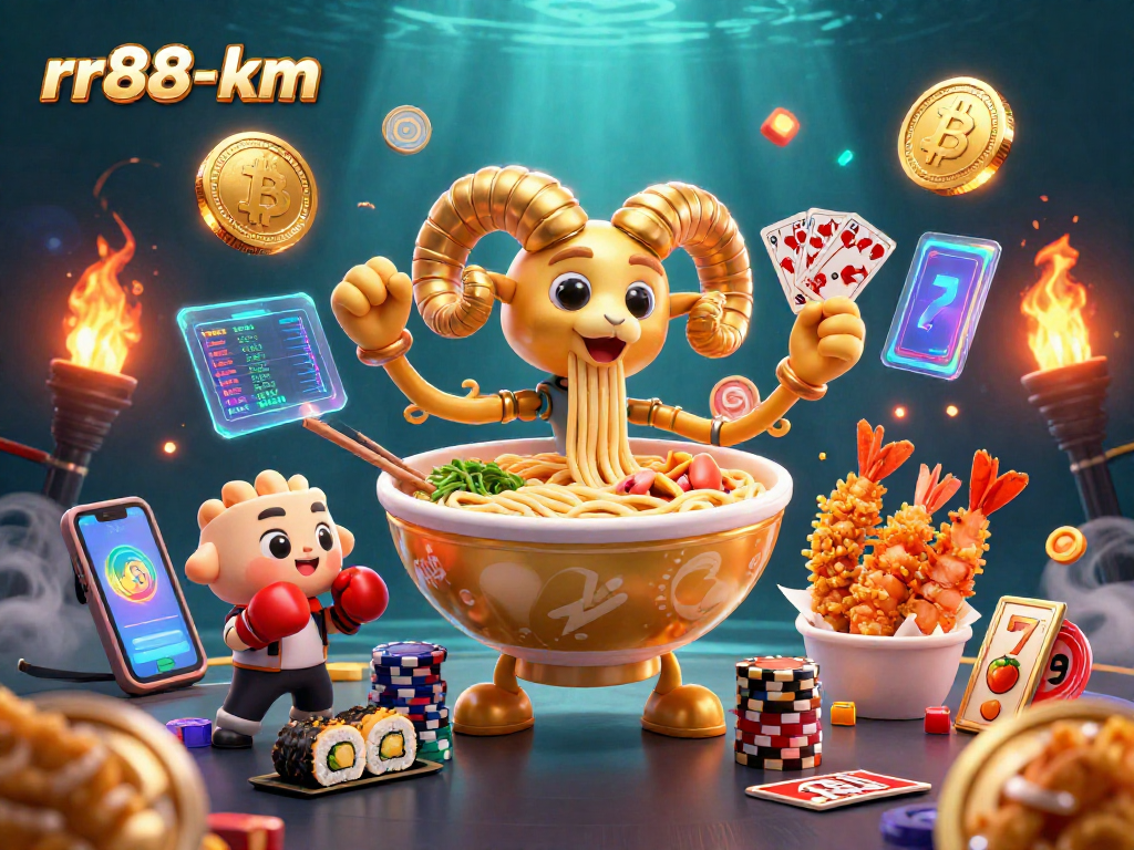 Experience thrilling gaming with rr88-km’s vibrant illustration of a golden ramen bowl and crypto elements.