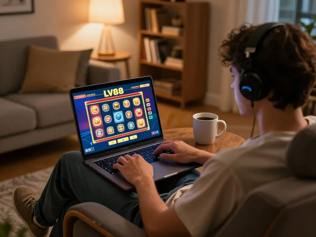 Player engaging with LV88 online casino on laptop for a casual gaming experience at home.