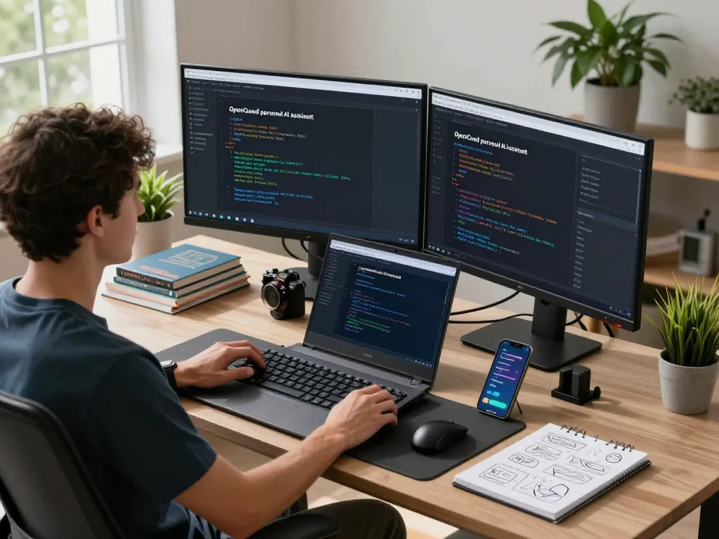 Developing the openclawd AI assistant in a modern tech workspace with multiple screens and coding tools.
