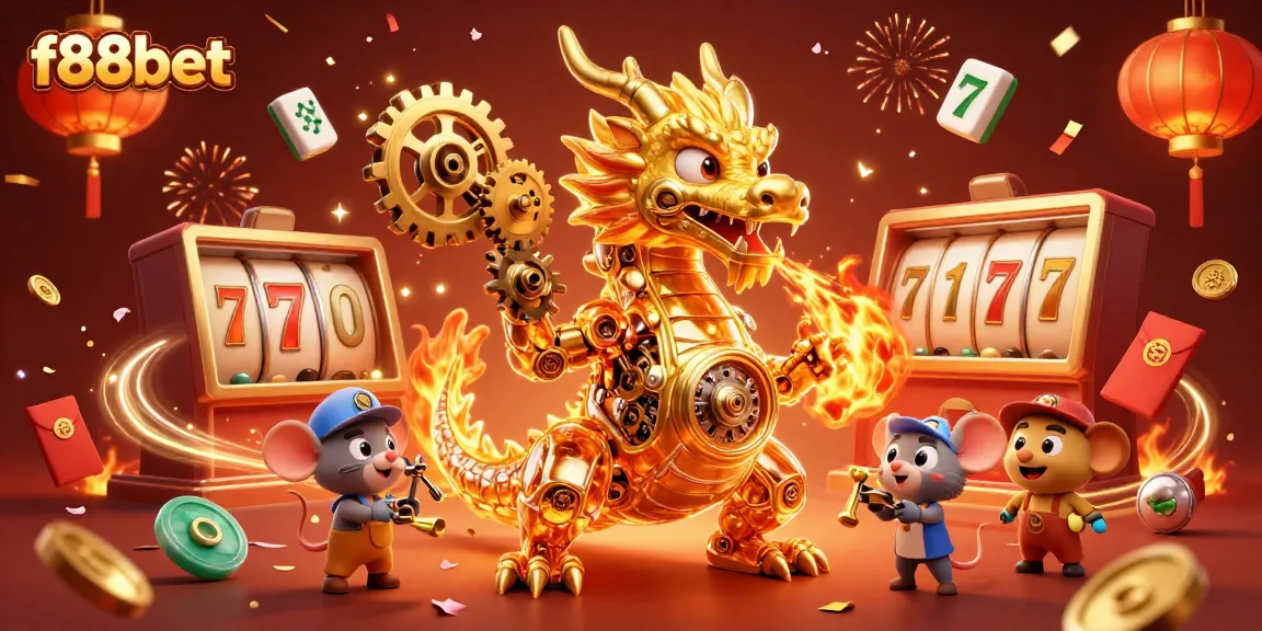 Experience thrilling action at f88bet with a golden dragon breathing gears among vibrant casino elements.
